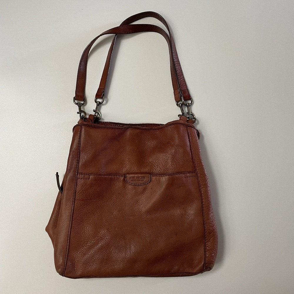 American Leather Co. Austin Cognac Brown Leather Triple Entry Bucket Bag READ B8